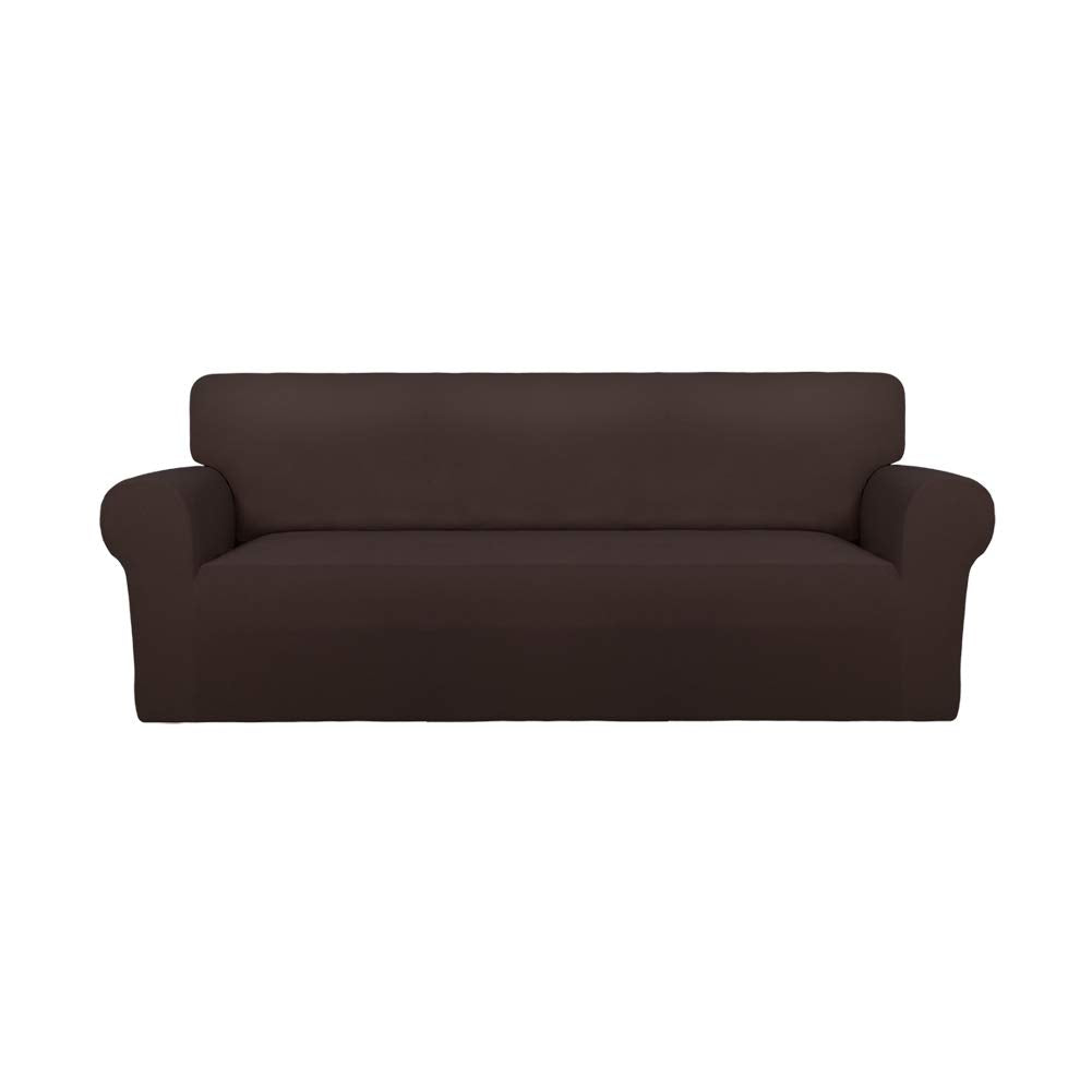 PureFit Super Stretch sofa slipcover in chocolate, front view showing snug finish