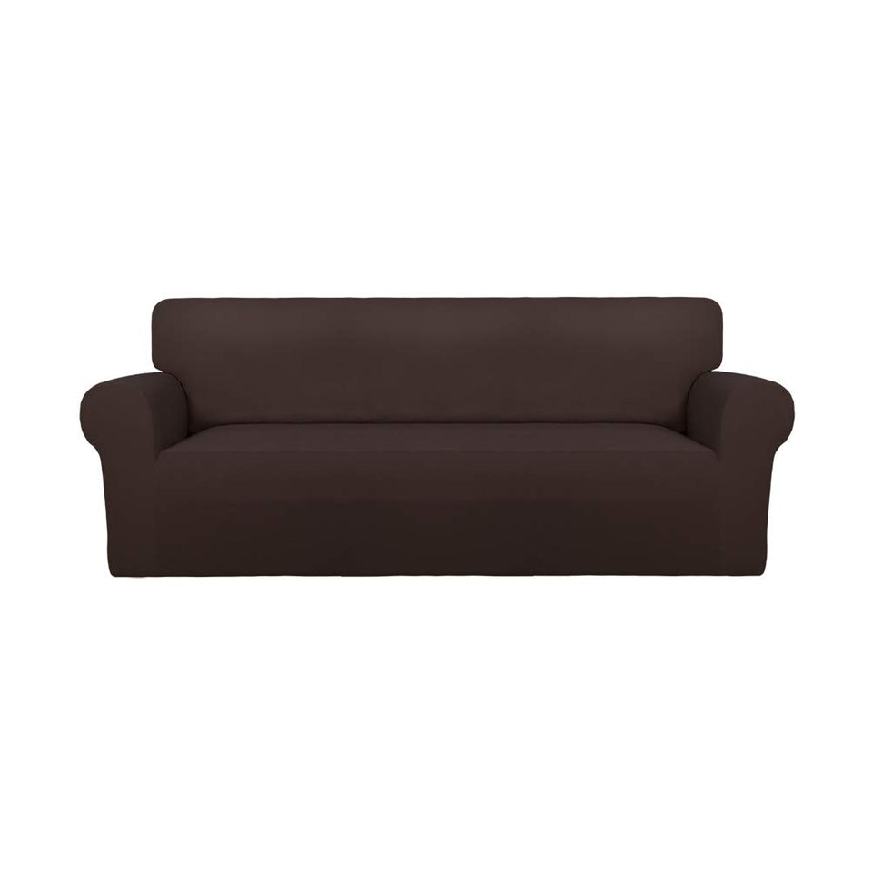 PureFit Super Stretch sofa slipcover in chocolate, front view showing snug finish