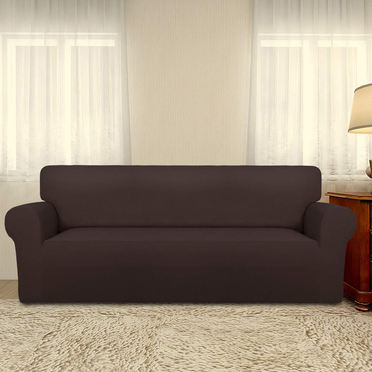 PureFit slipcover in chocolate side view blending with decor