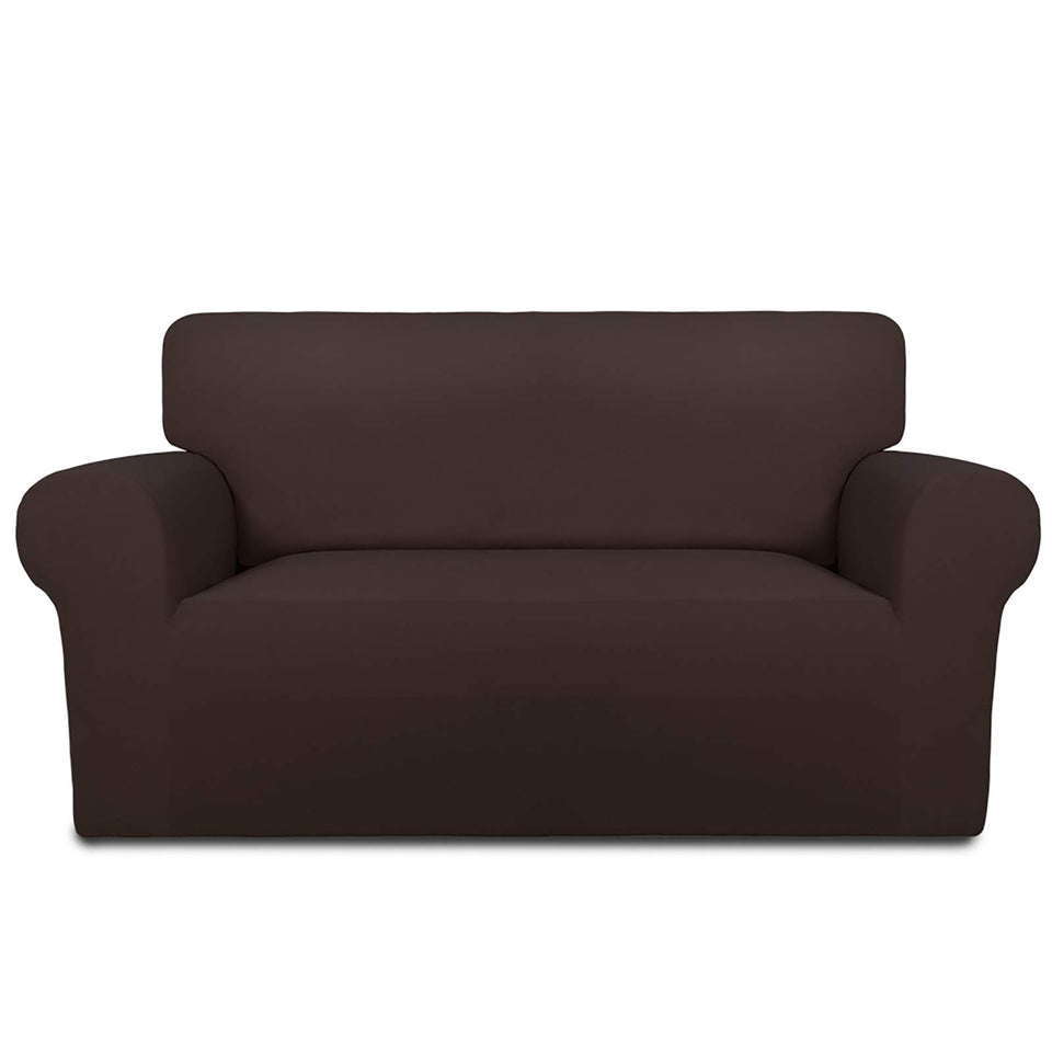 PureFit slipcover on chocolate loveseat delivers tight, wrinkle-free fit.