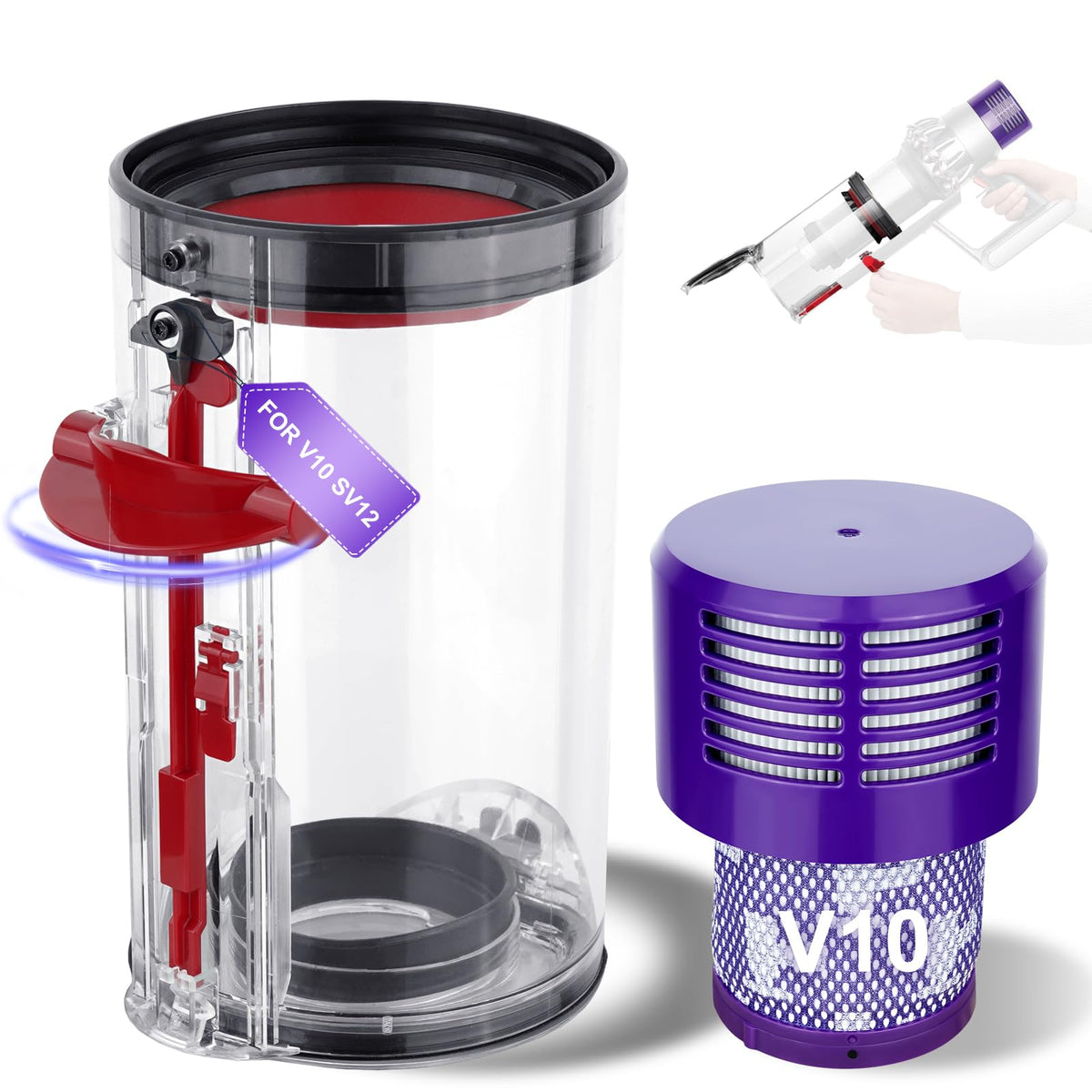 PureGUST Dyson V10 large-bin assembly for easy replacement and stable suction