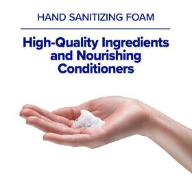 Purell foam dispensing action shown for fast, soft hand sanitizing.