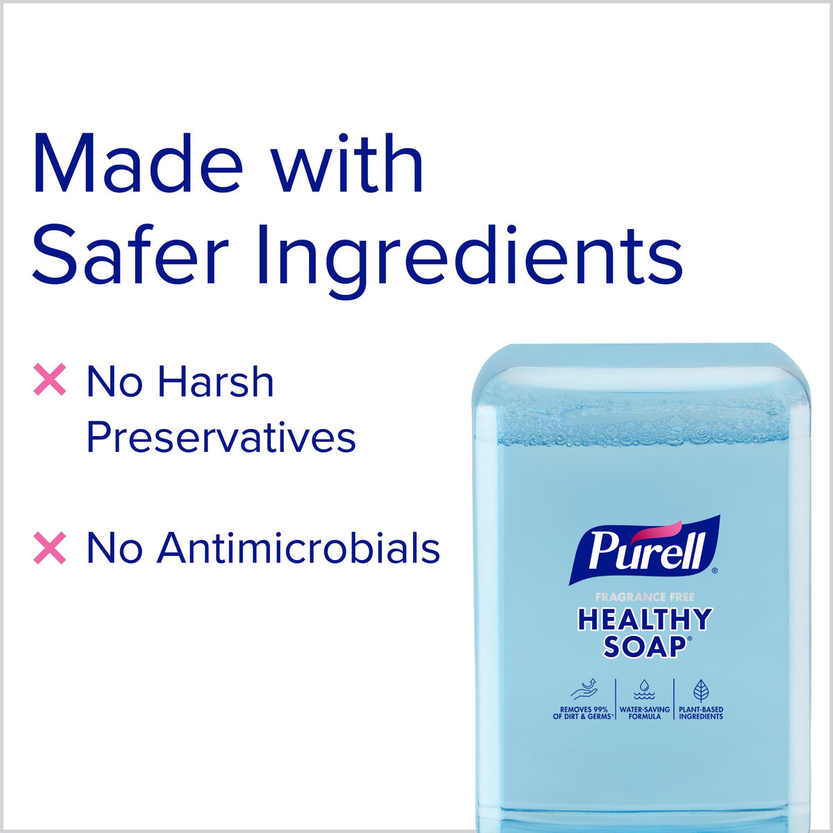 Purell HEALTHY SOAP label close-up shows fragrance-free, plant-based ingredients.