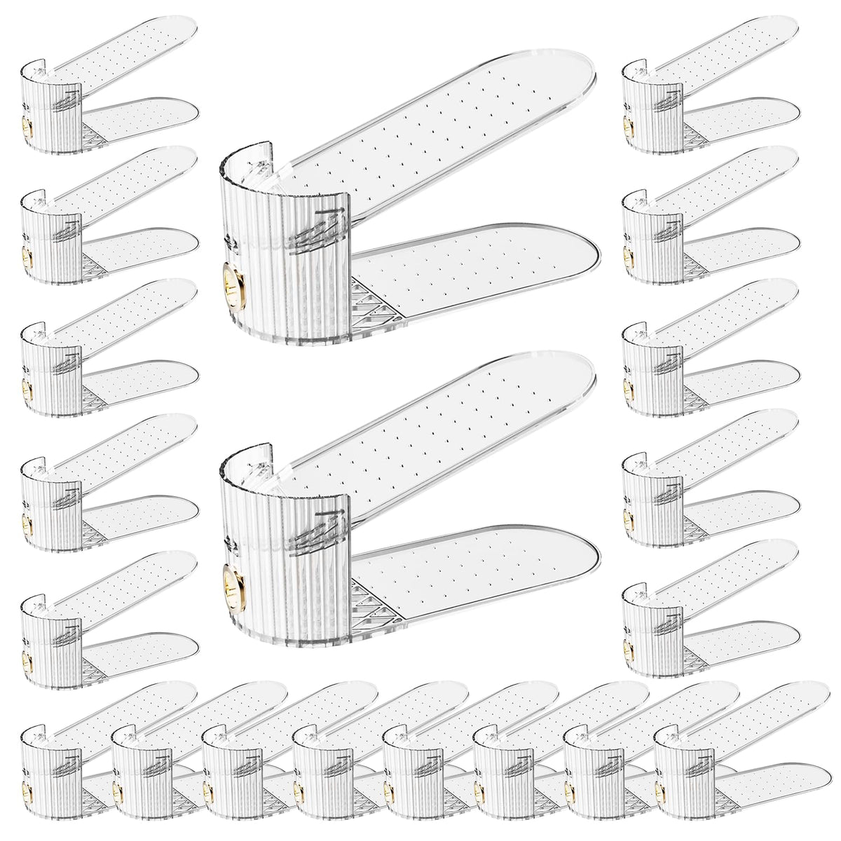 PureSprout adjustable slot organizer with double-deck riser keeps shoes neatly stacked, saving closet space.