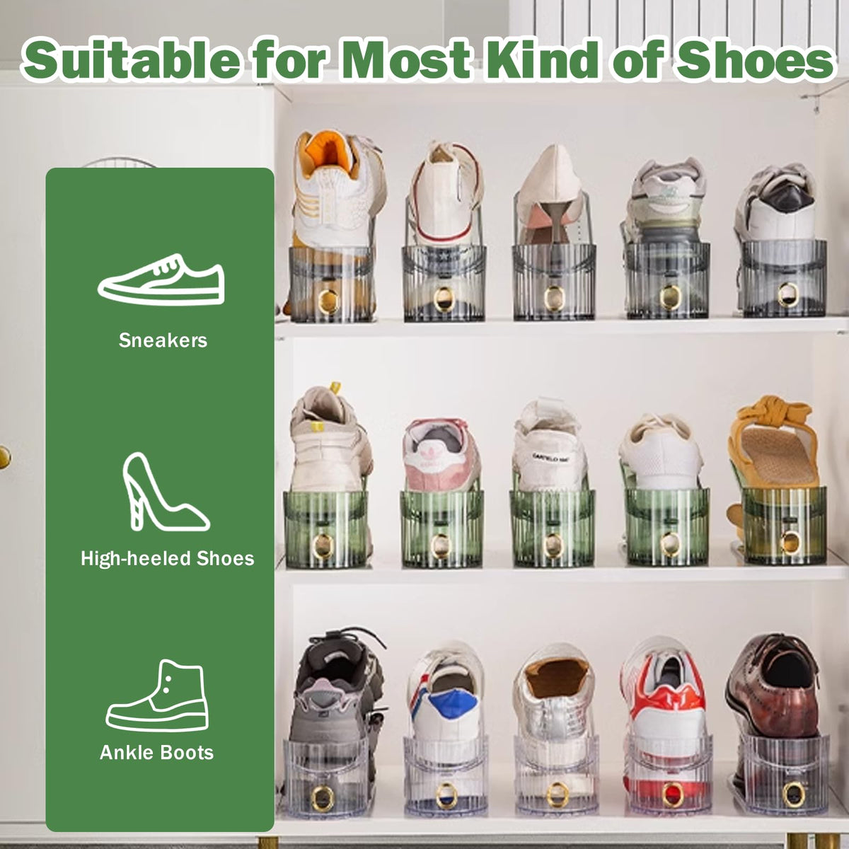 PureSprout clear 20-pack closet rack helps visualize shoe storage at a glance.