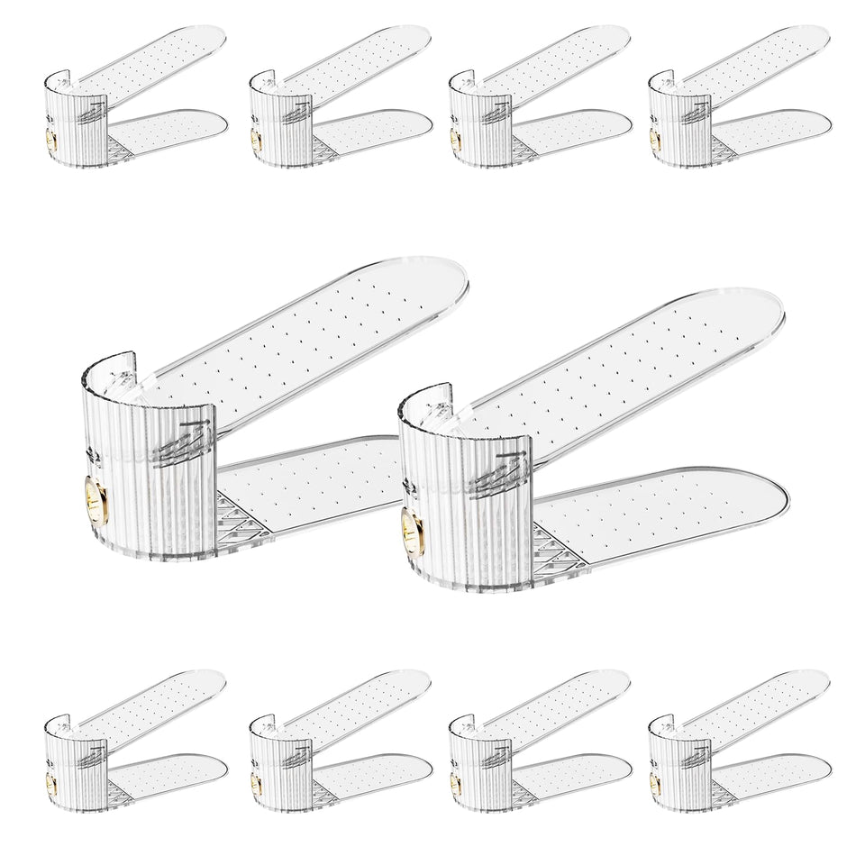 PureSprout shoe slot organizer in clear double-deck design improves closet space