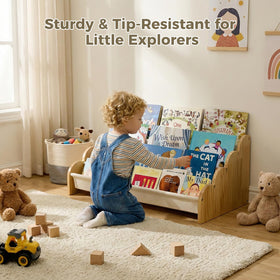 Puricon 4-Tier bookshelf with deep pockets holds a variety of book sizes for easy selection.