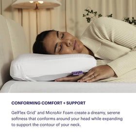 Purple DreamLayer Pillow side view demonstrates slim profile and stability for any sleeping position.