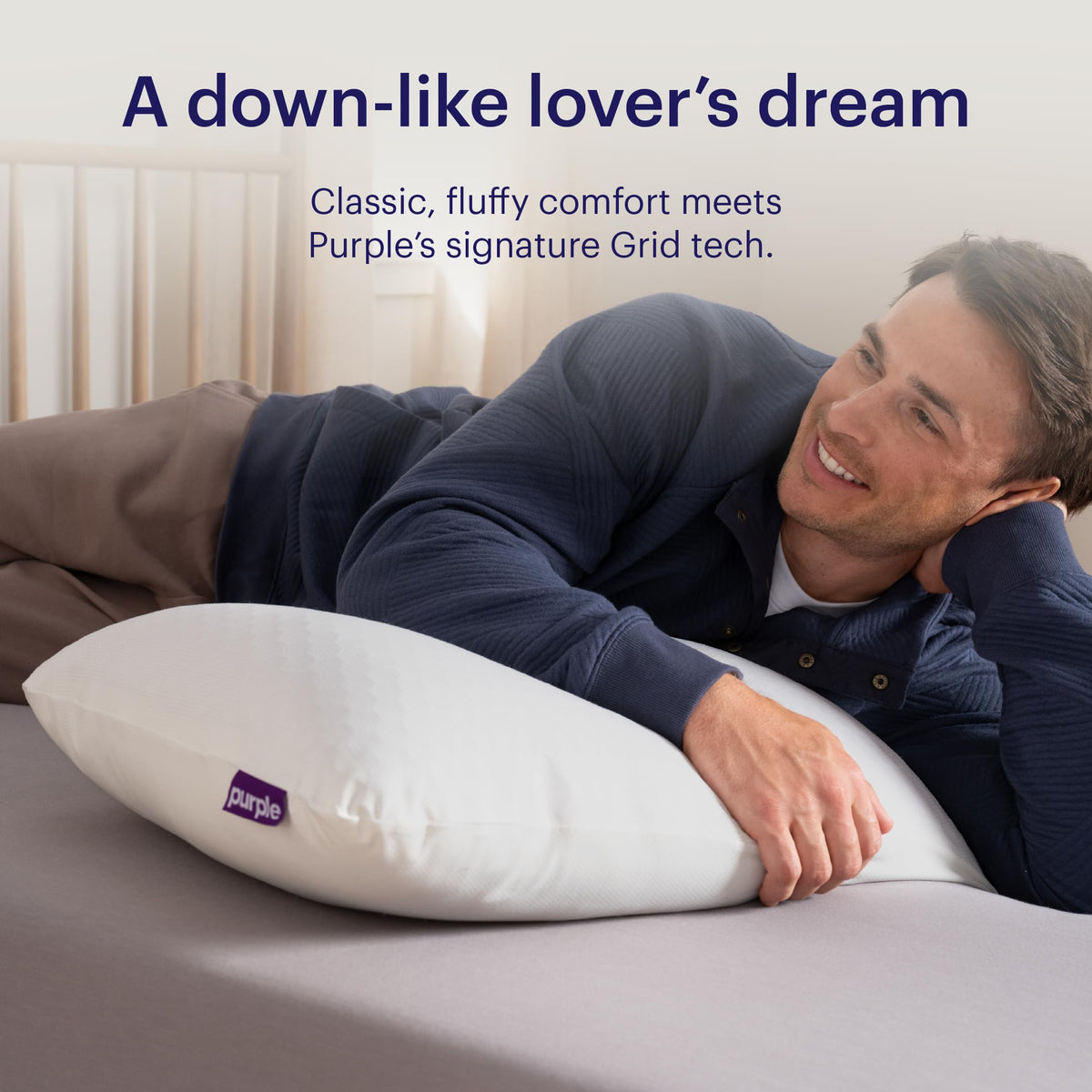 Purple GridCloud Pillow close-up of silicone-coated fill for lasting plushness.