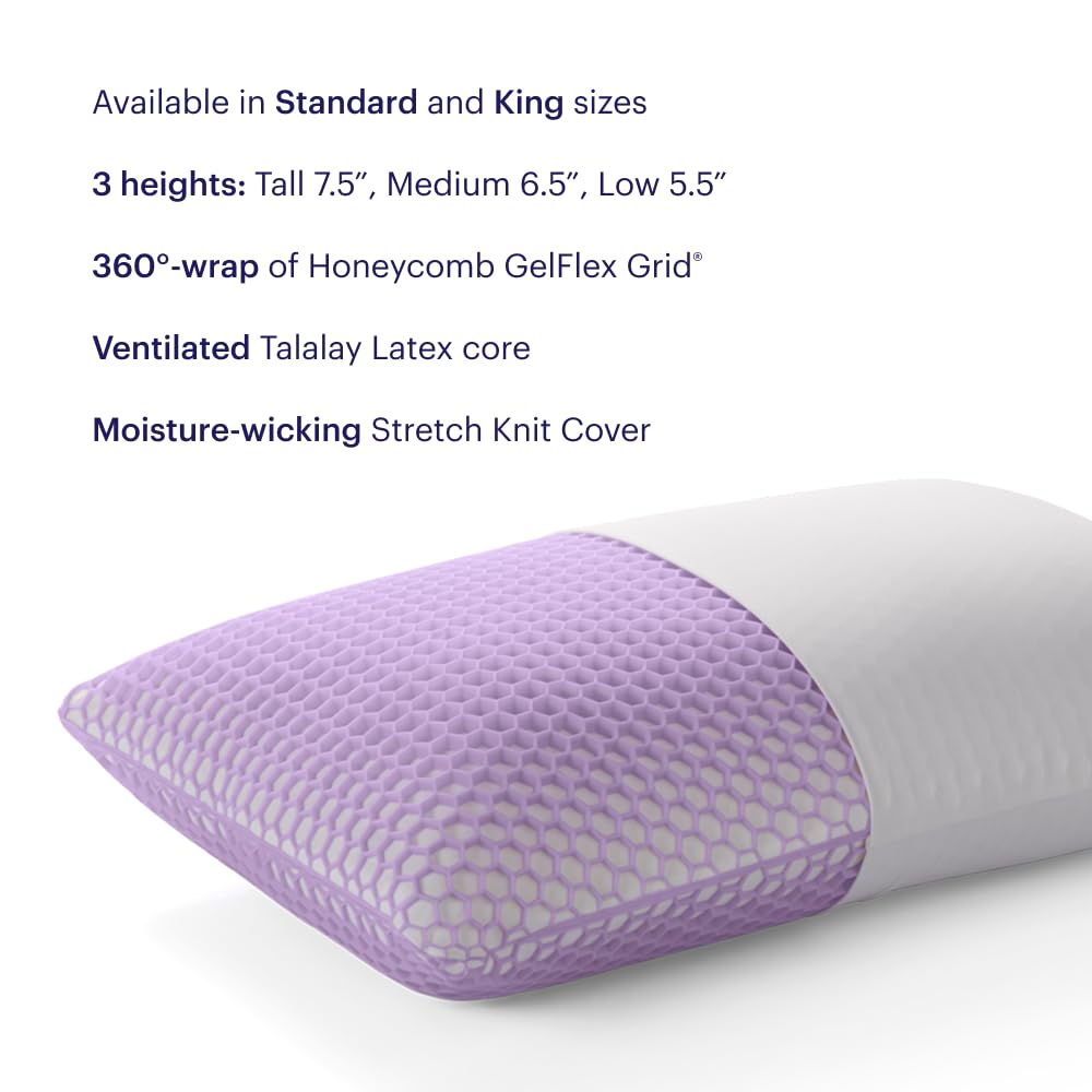 Purple Harmony Pillow loft options illustration shows multiple height choices
