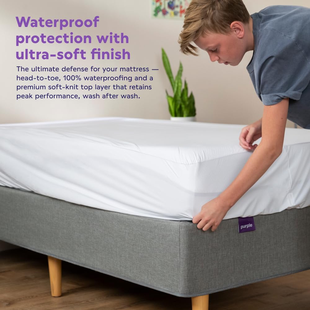 Purple protector stretched on bed demonstrates flexible fit for mattresses of varying height.