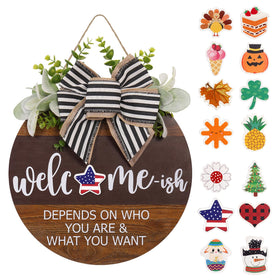 PurpleSwan interchangeable welcome sign, 12-inch round wood for front-door decor.