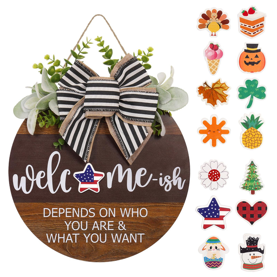 PurpleSwan interchangeable welcome sign, 12-inch round wood for front-door decor.