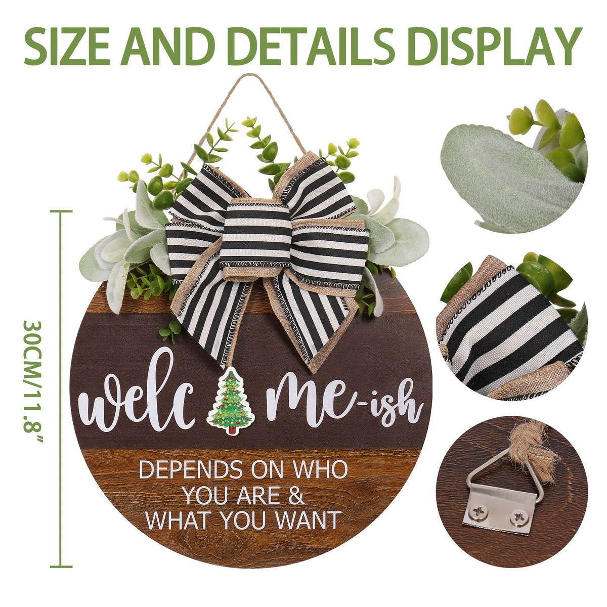 PurpleSwan round wood wreath with buffalo bows and greenery for year-round charm.