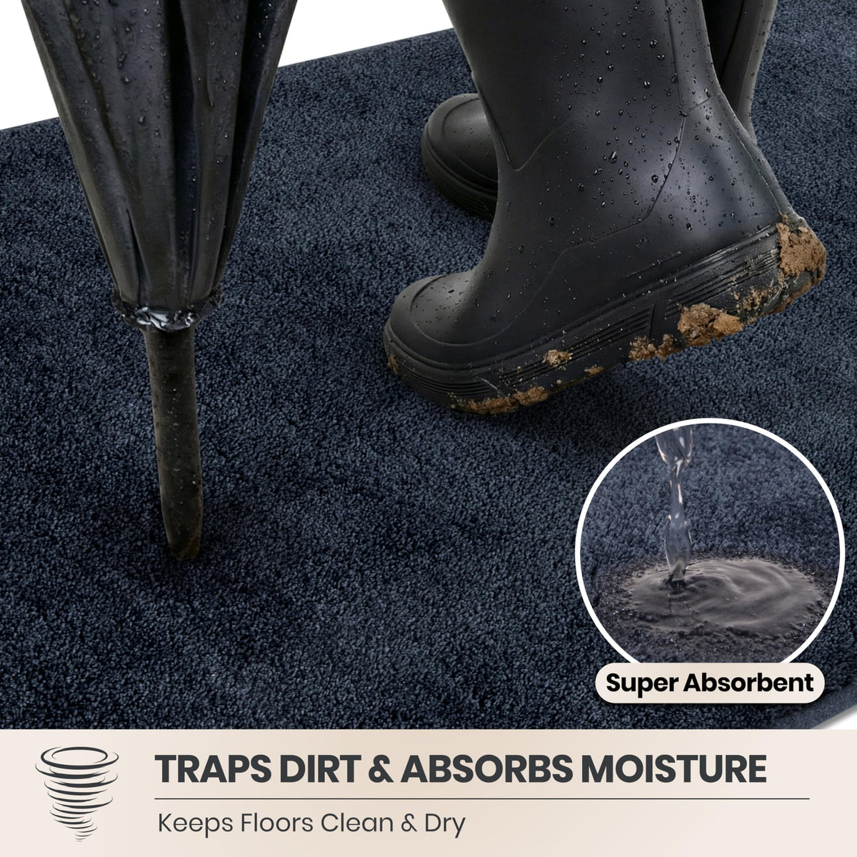 PURRUGS dirt-trapping mat close-up shows absorbent fibers catching dirt