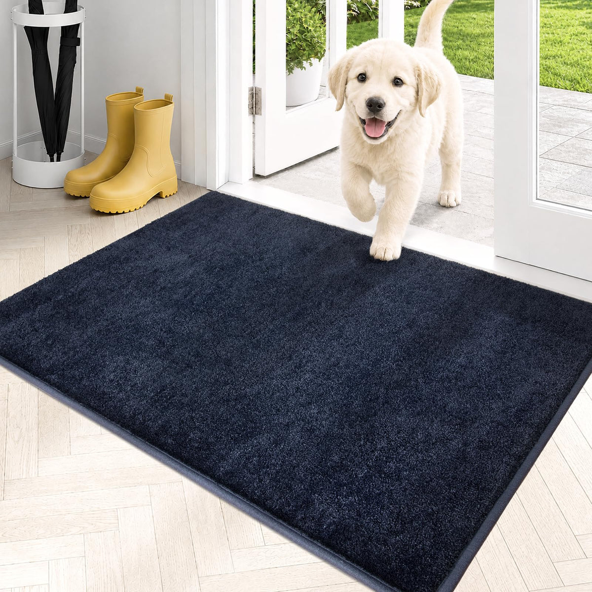 PURRUGS dirt-trapping door mat navy front view captures mud at the entry