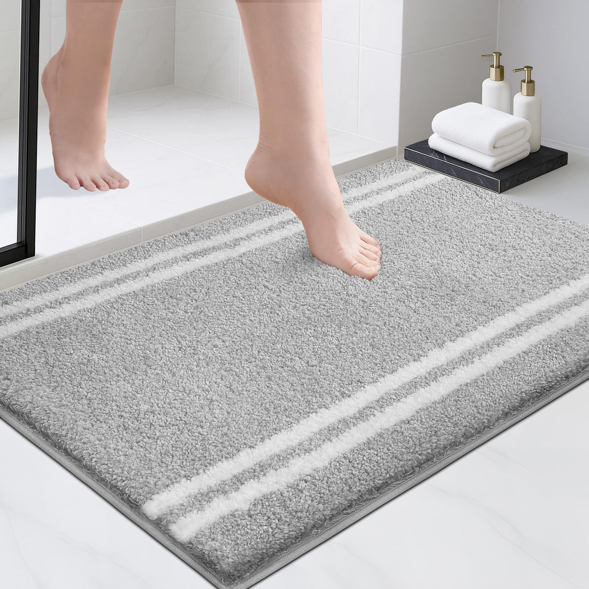 Purrugs bathroom rug with non-slip backing helps keep floors safe after shower.