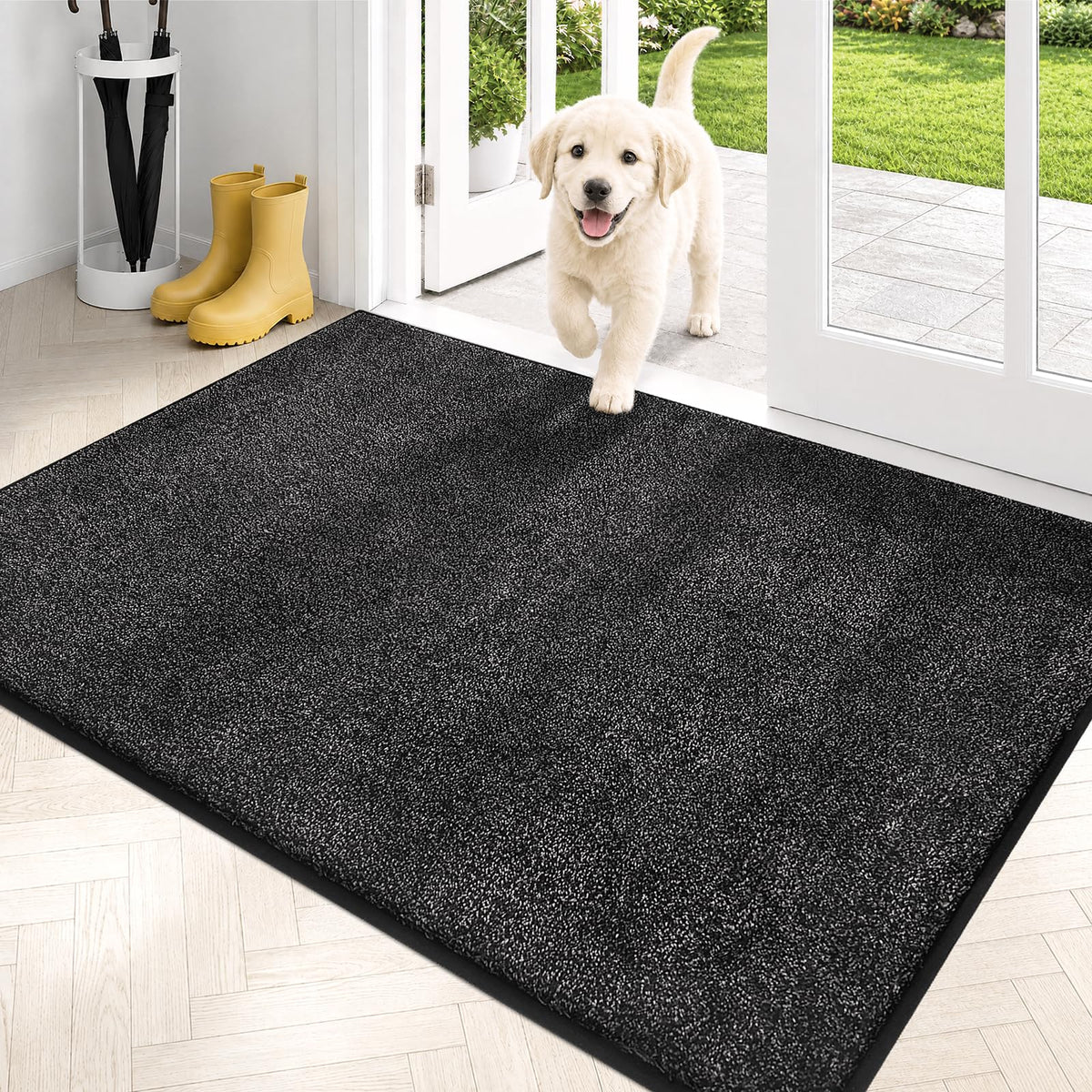Purrugs dirt-trapping door mat front view captures mud at the doorway