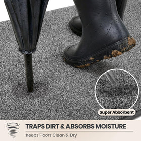 PURRUGS dirt trapping mat with low-profile edge helps doors swing smoothly while brushing dirt.
