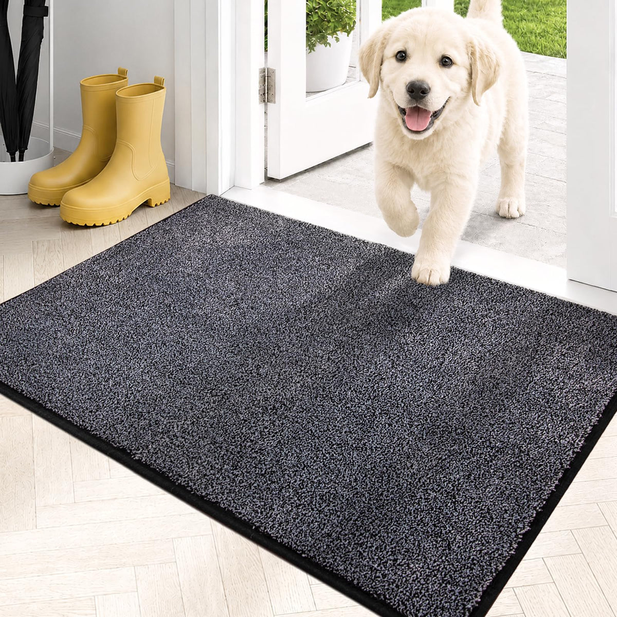 PURRUGS dirt trapping door mat, front view, showing absorbent surface at the doorway.