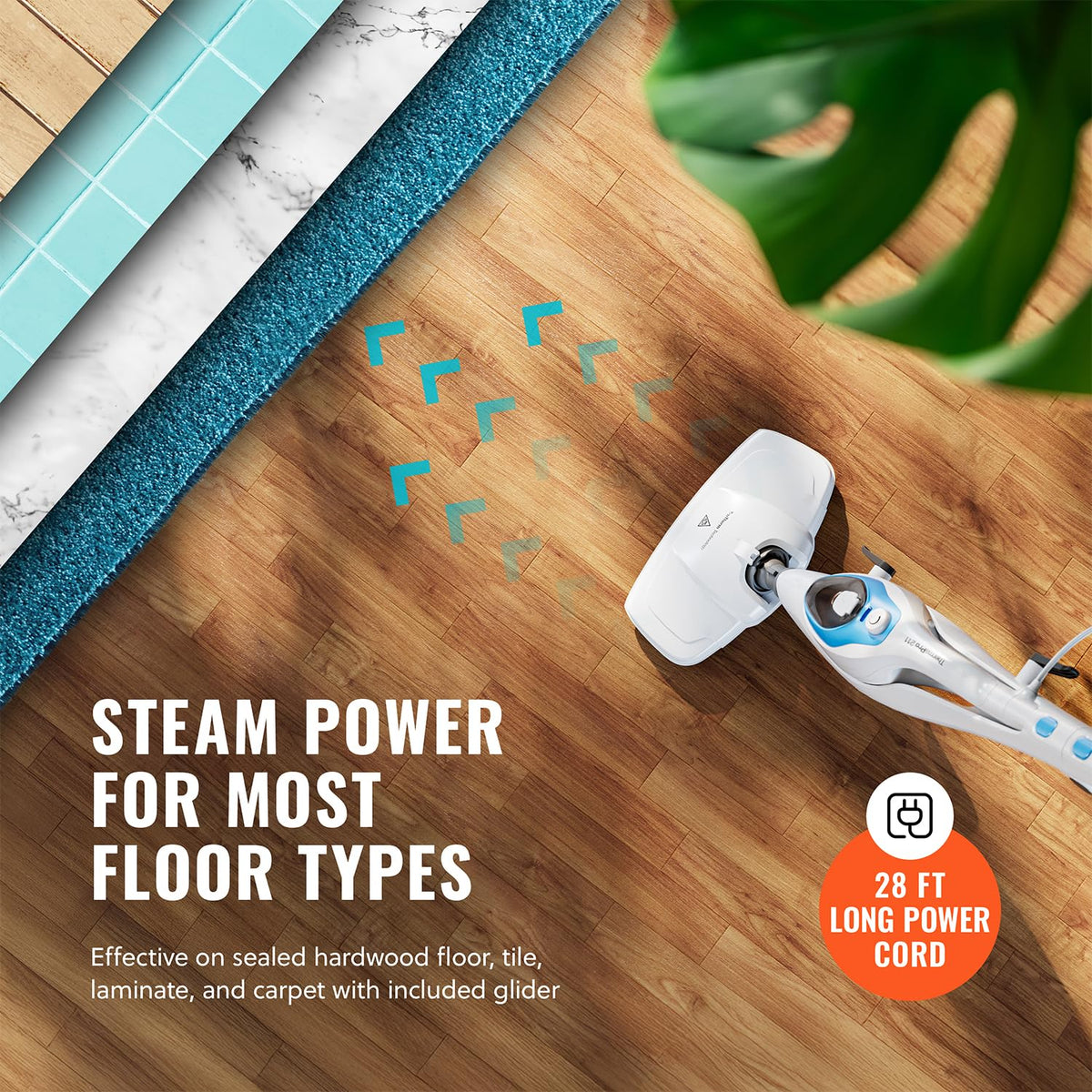 PurSteam angled nozzle reaches tight spaces and stove tops with precision.