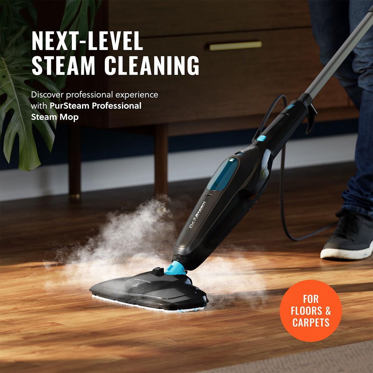 PurSteam Professional Steam Mop heats up fast for efficient cleaning in 30 seconds.