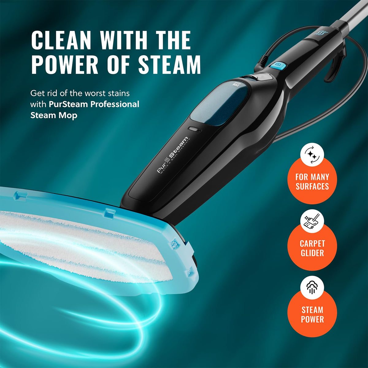 PurSteam Professional Steam Mop swivel head glides around furniture with ease.
