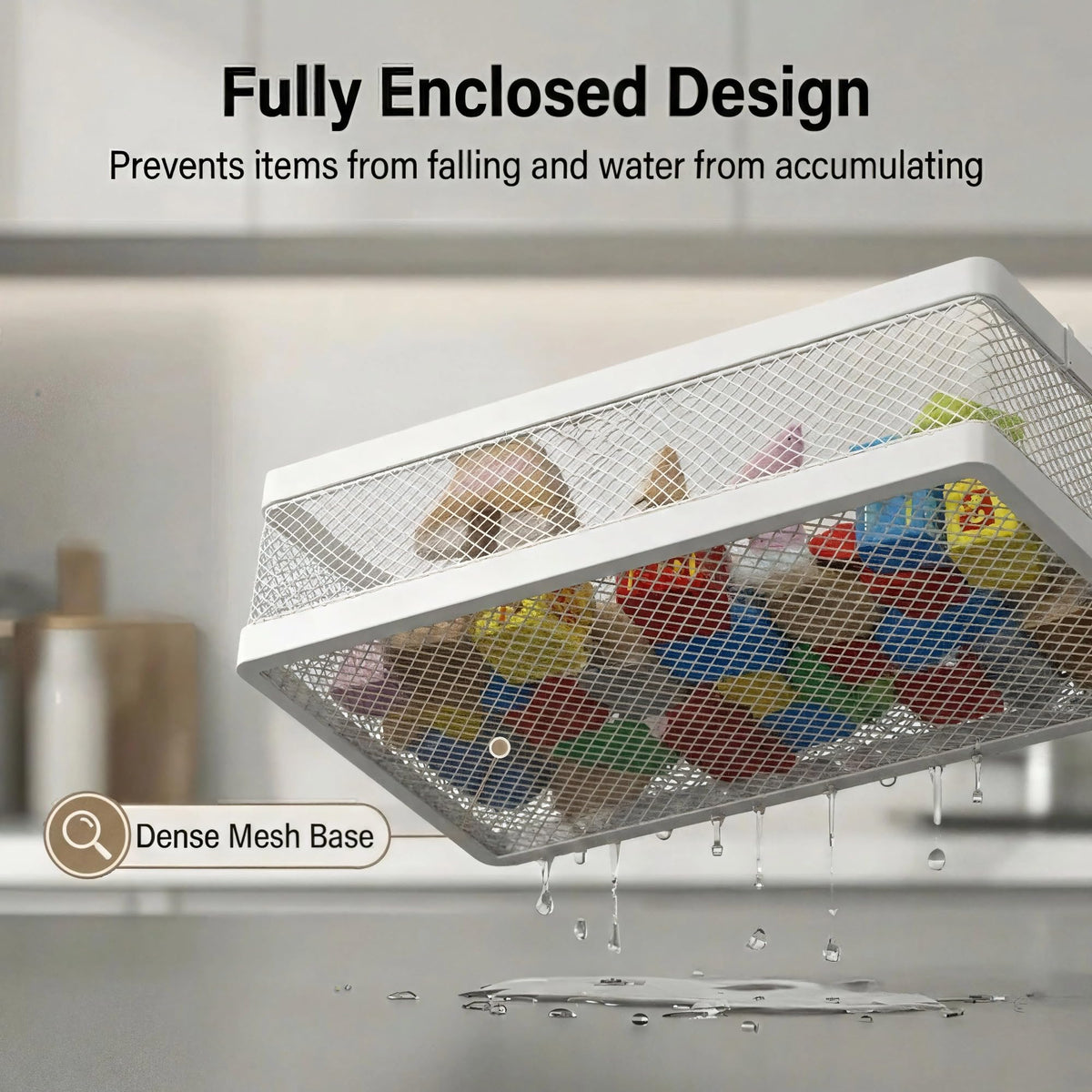Rustproof mesh base with drainage shown in humid bathroom setting