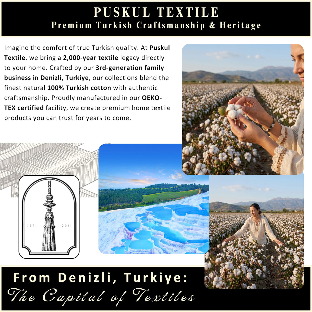 Premium Turkish craftsmanship from Denizli supports durable everyday use.