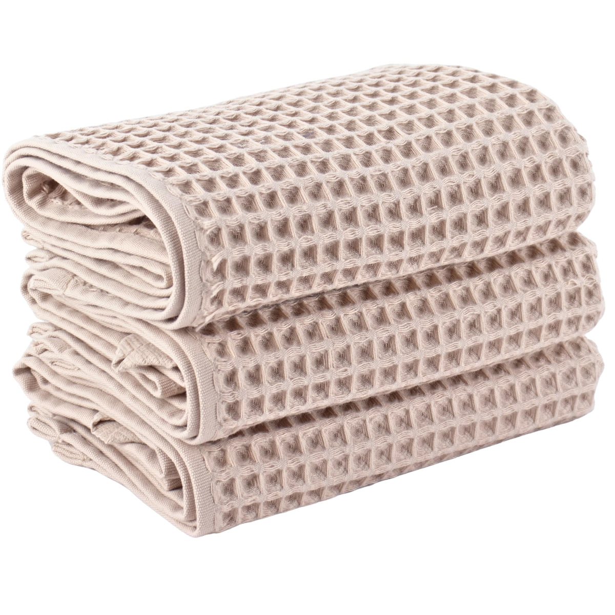 PÜSKÜL natural Turkish cotton waffle towels set of 3 beige, large and absorbent.
