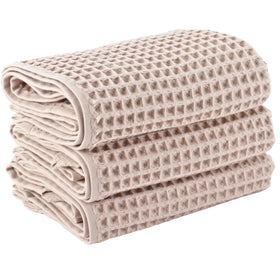 PÜSKÜL natural Turkish cotton waffle towels set of 3 beige, large and absorbent.
