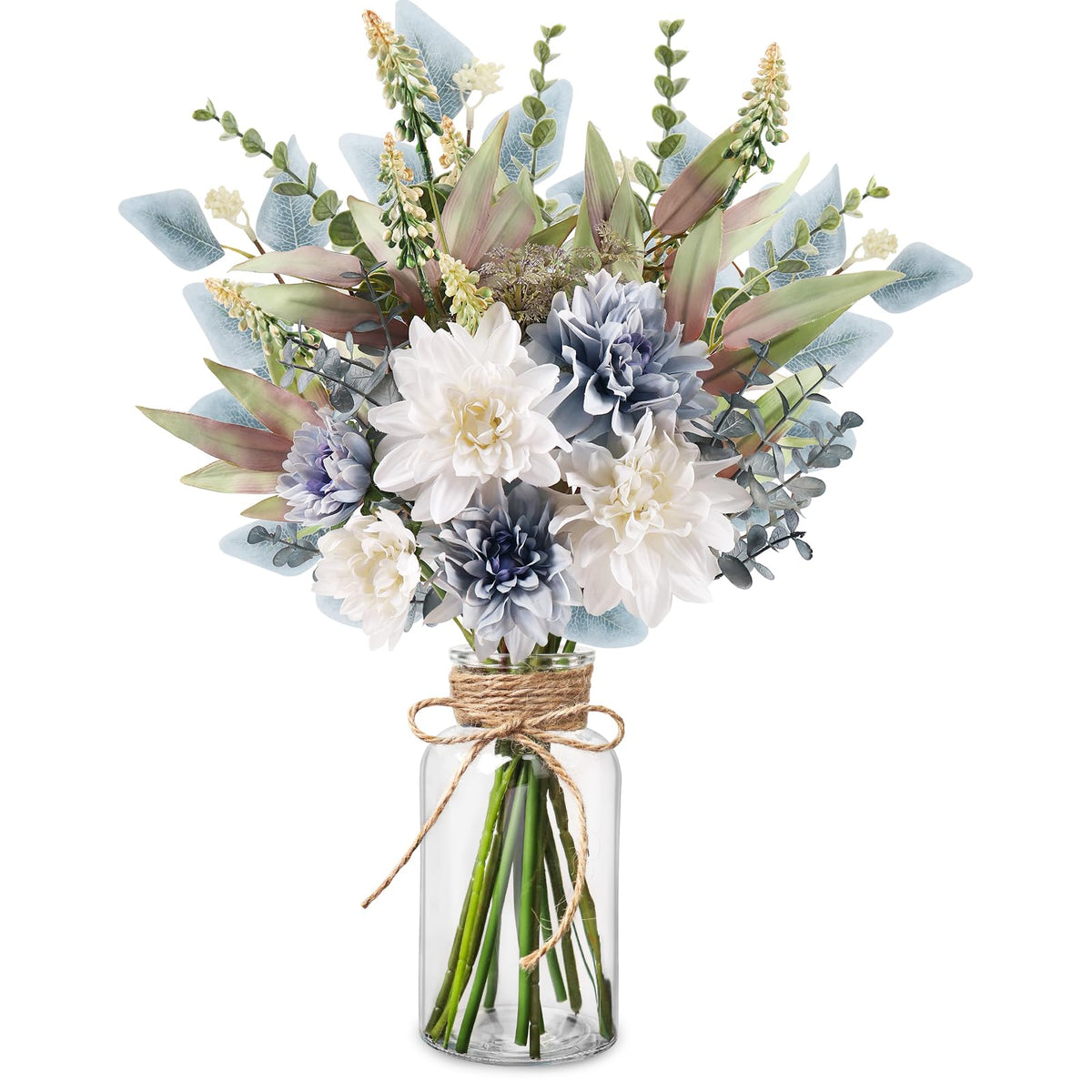 Pusuny fake flowers in vase with blue and white dahlias for an elegant centerpiece