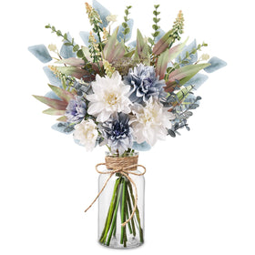 Pusuny fake flowers in vase with blue and white dahlias for an elegant centerpiece