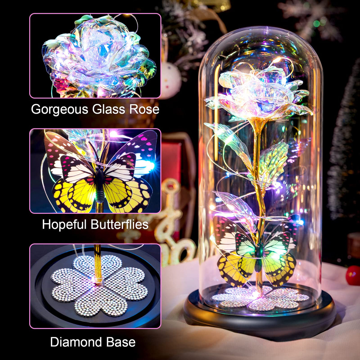 Pusuny Forever Rose with LED base illuminates a warm display