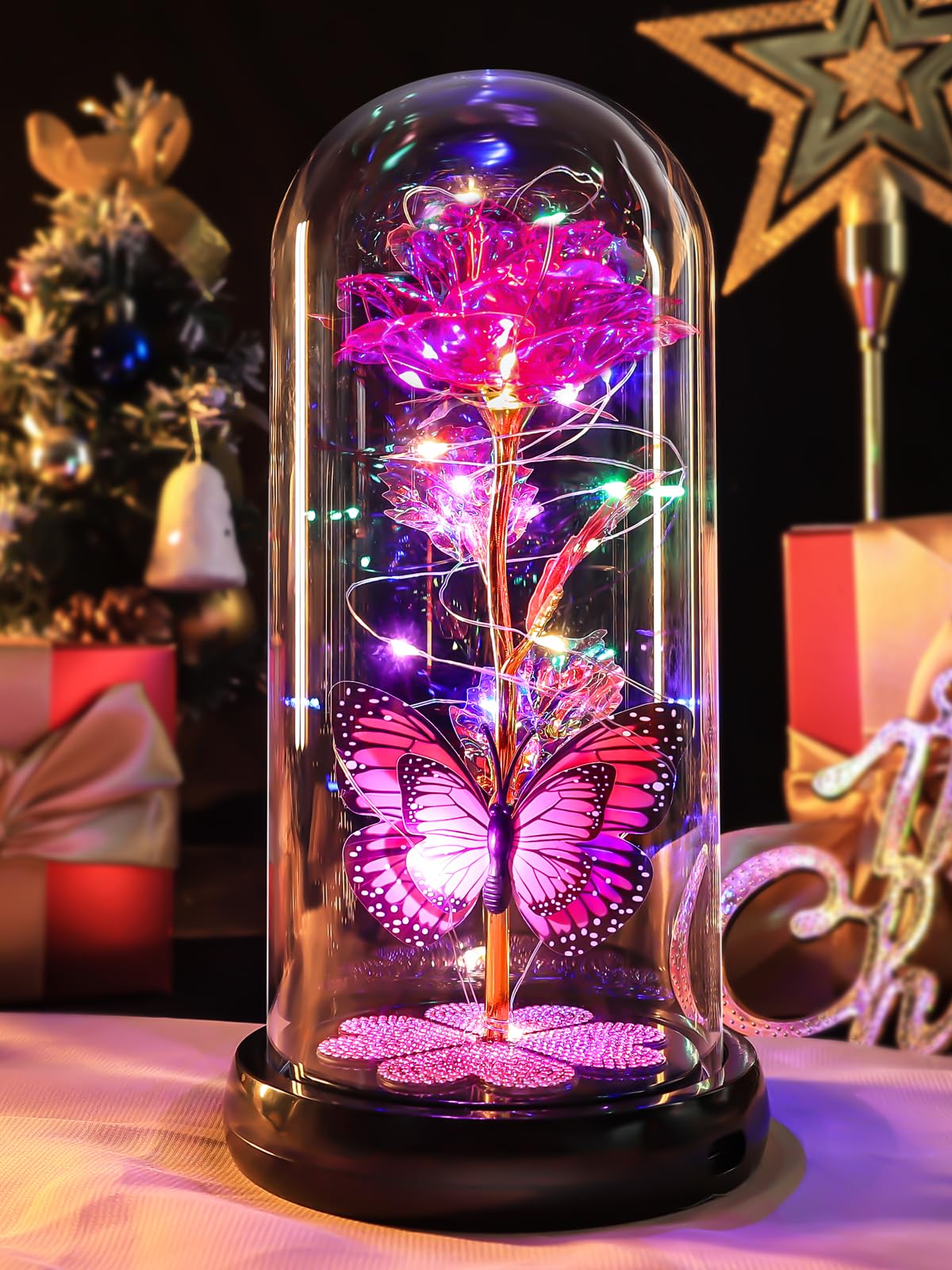 Pusuny Galaxy Glass Rose in pink dome glows softly for ambient decor
