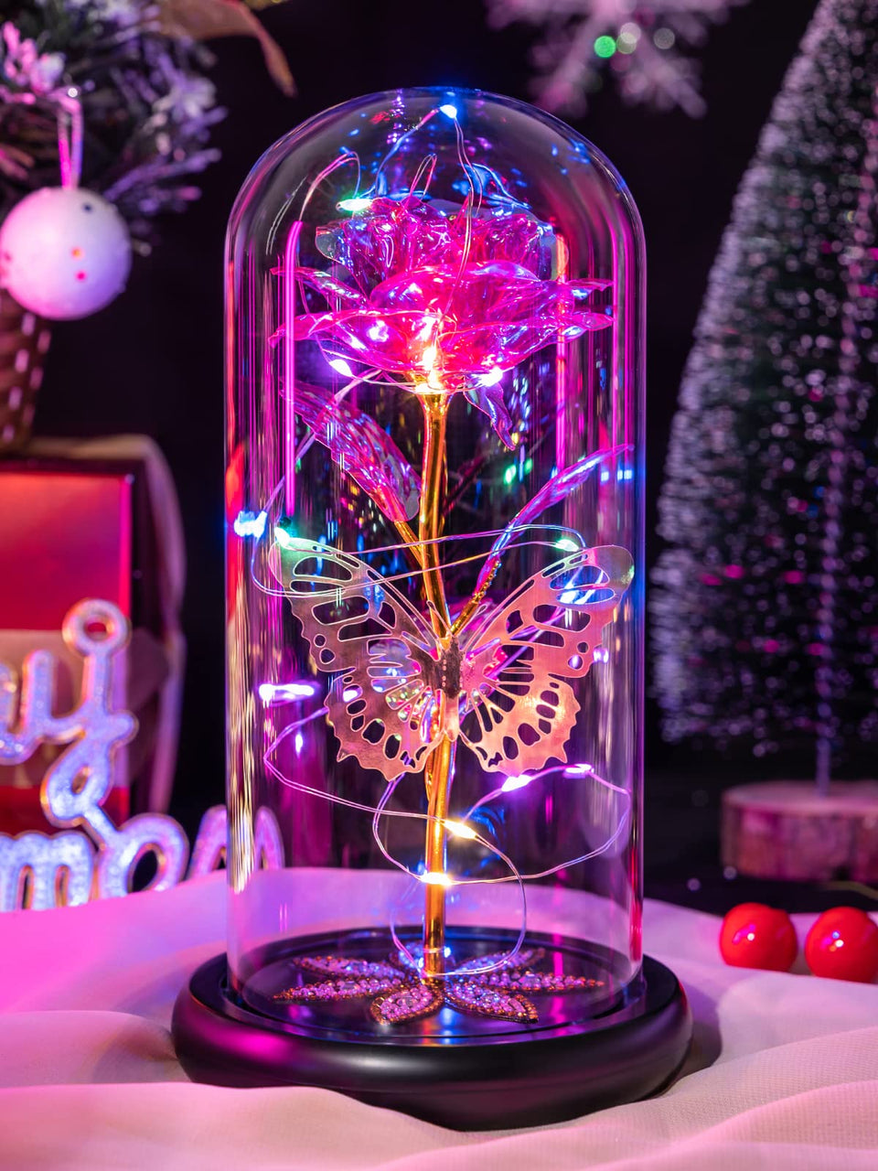 Pusuny Galaxy Glass Rose in a dome with LED glow, a timeless keepsake for Mom