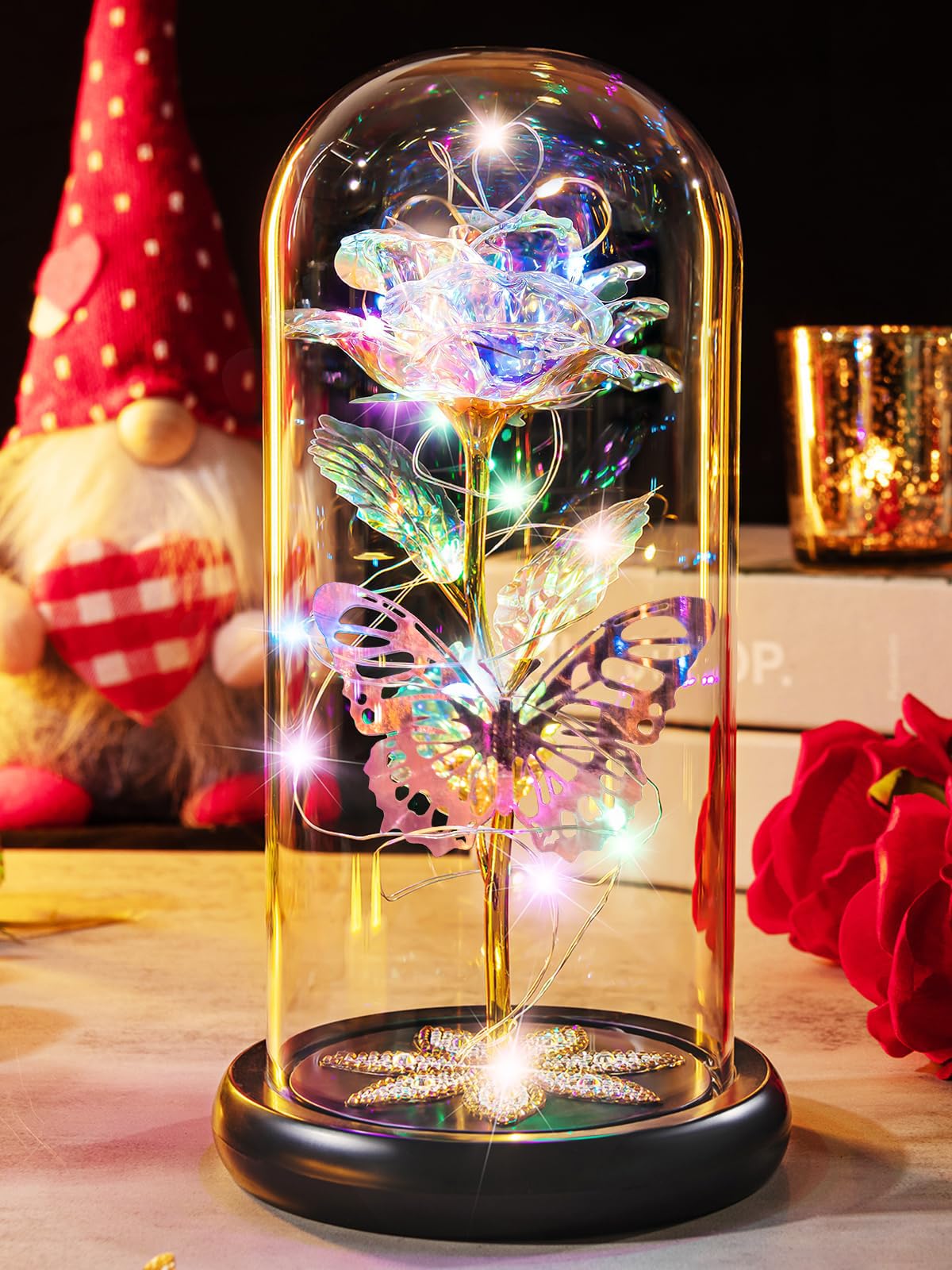 Pusuny galaxy glass rose under a dome with butterfly, a long-lasting keepsake.