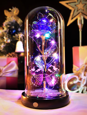 Pusuny Galaxy Glass Rose under glass dome with warm LED glow for cozy nights