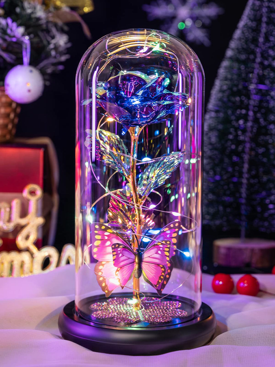 Pusuny galaxy rose in glass dome glows softly as a timeless keepsake