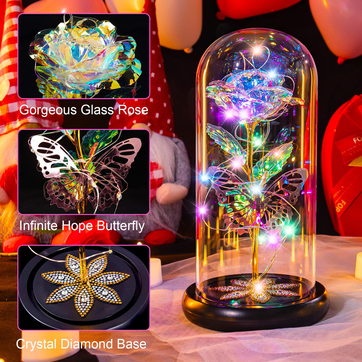 Pusuny LED-lit glass rose on crystal base with petal-shaped crystals.