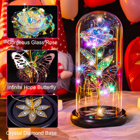 Pusuny LED-lit glass rose on crystal base with petal-shaped crystals.