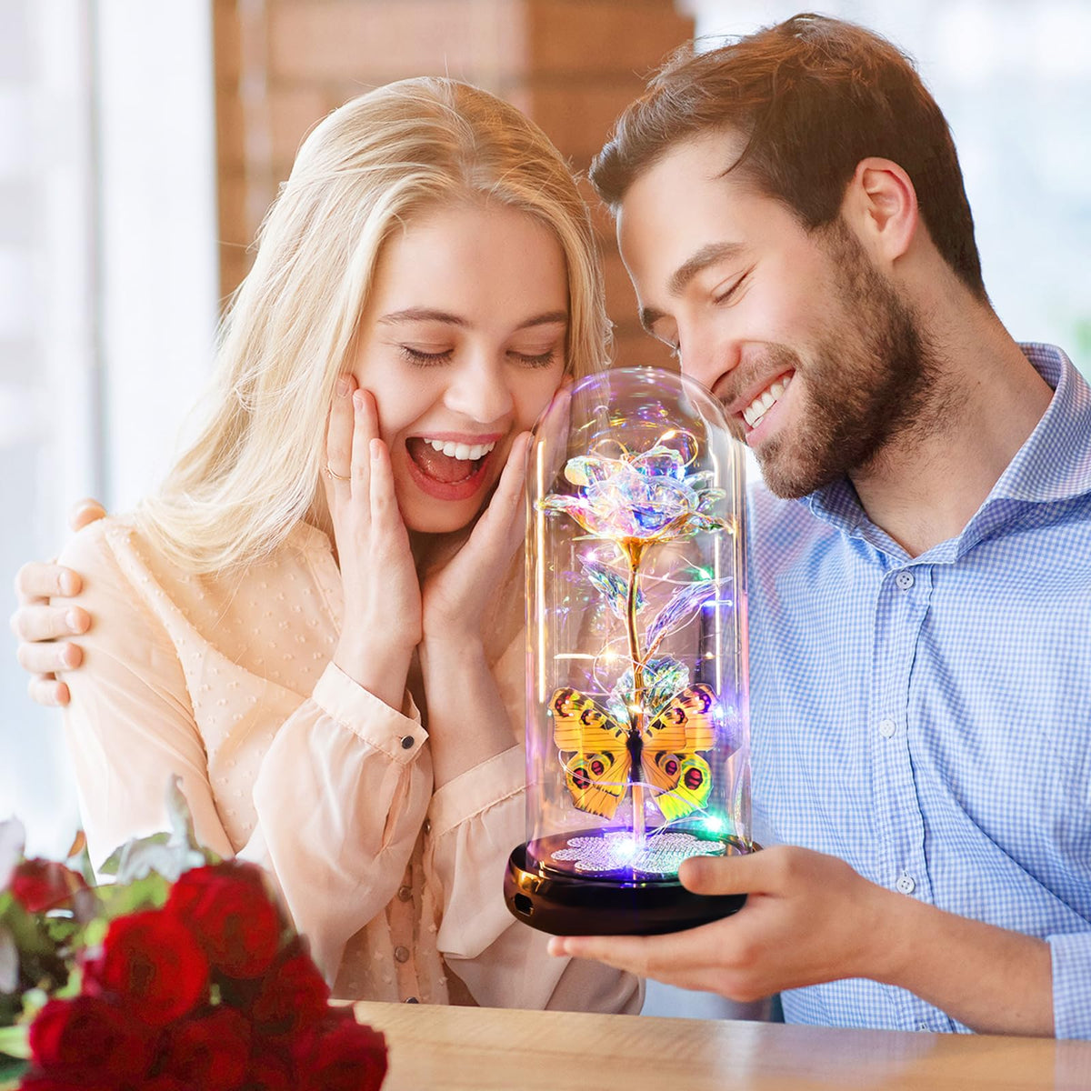 Pusuny LED rose with dimmable control for customizable mood lighting.