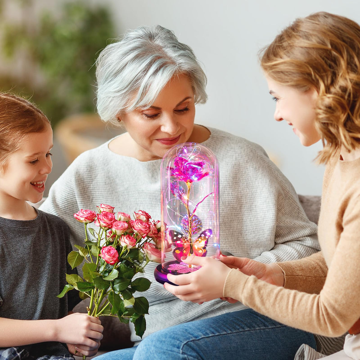 Pusuny LED warm glow illuminates the rose at night, creating ambiance.