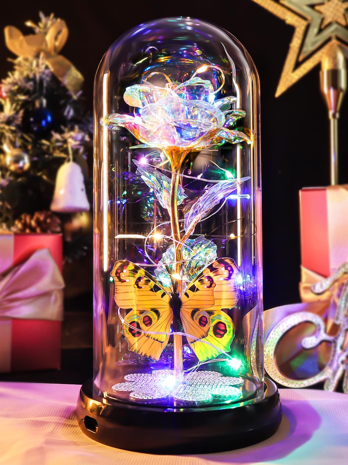 Pusuny Mothers Day glass rose dome with galactic bloom, ideal for a memorable gift.