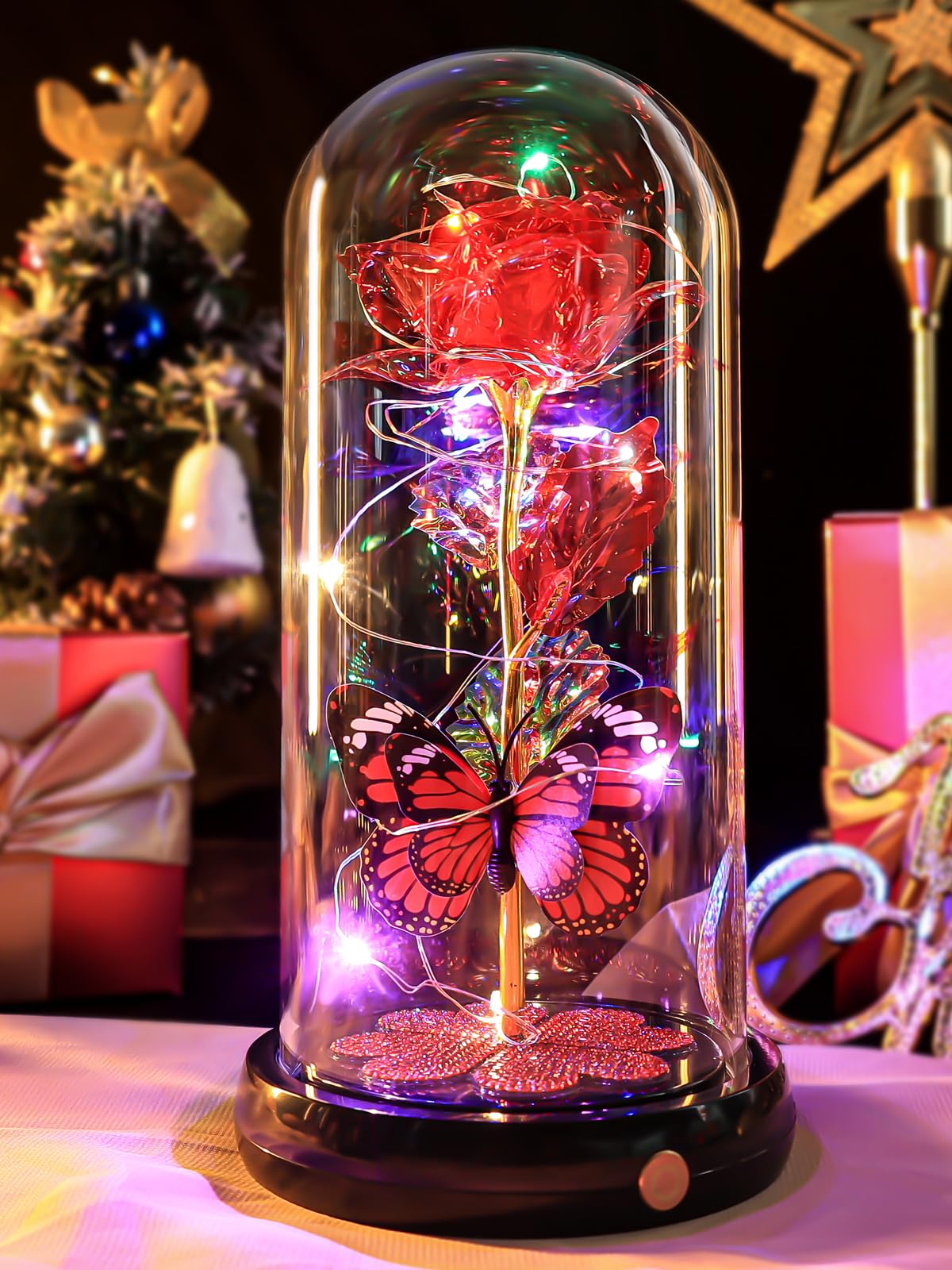 Pusuny galaxy glass rose inside a glass dome glows softly, ideal for timeless Mother's Day ambience.