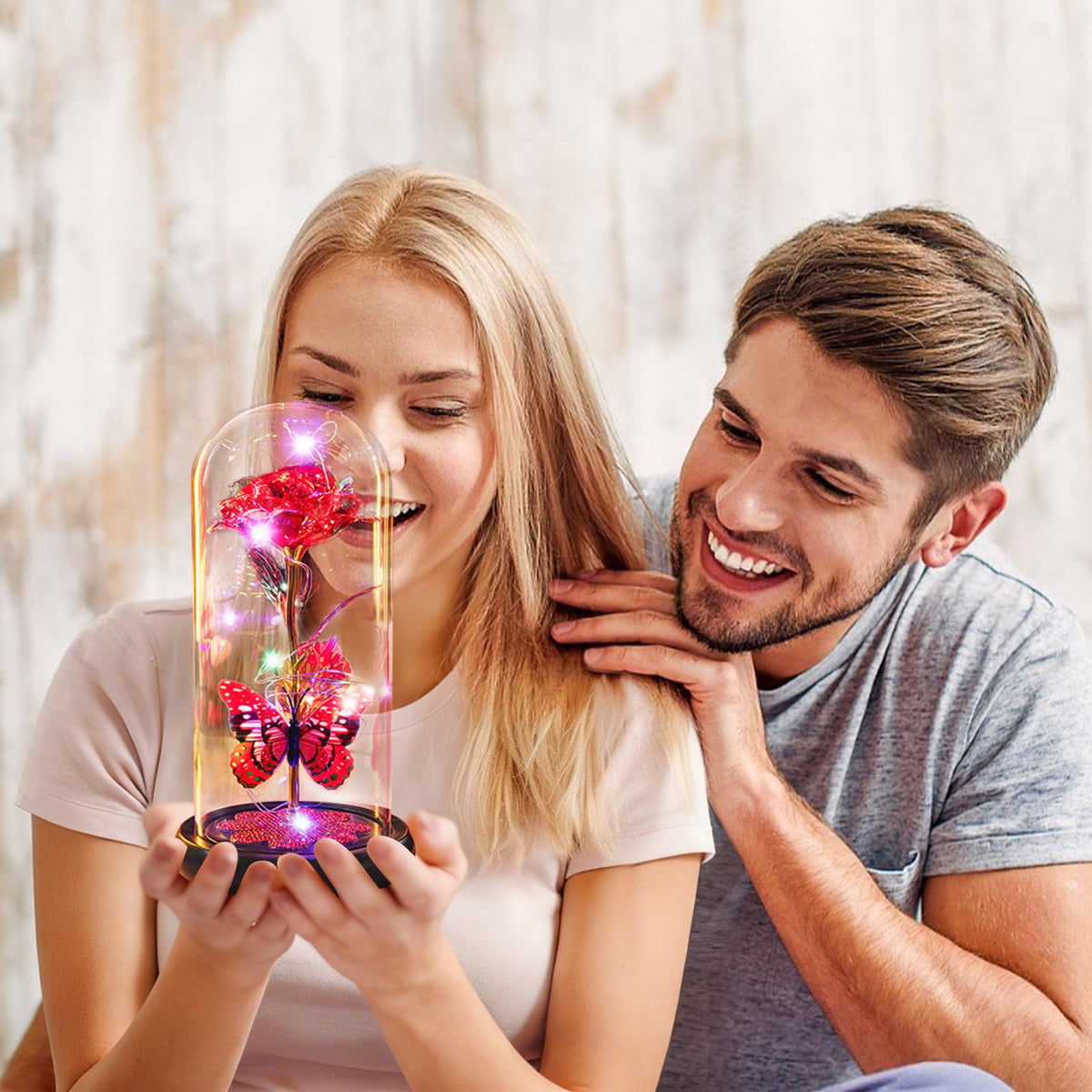 Pusuny rose in glass dome packaging is gift-ready with satin ribbon