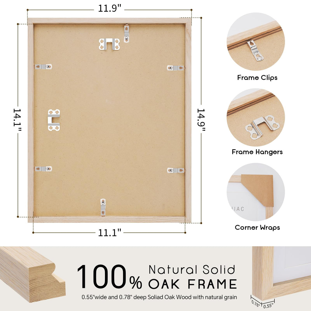 Puthiac 11x14 solid oak frame back with wall-hanging hardware for easy mounting.