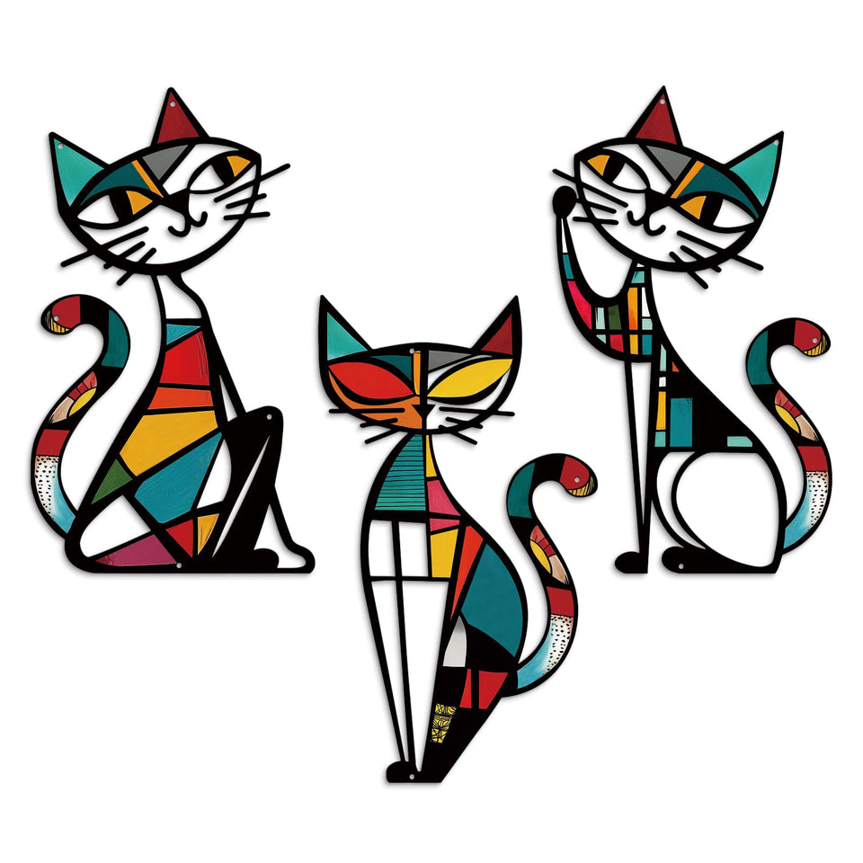 Putuo Decor 3-piece cat wall decor set bright mosaic color blocks.