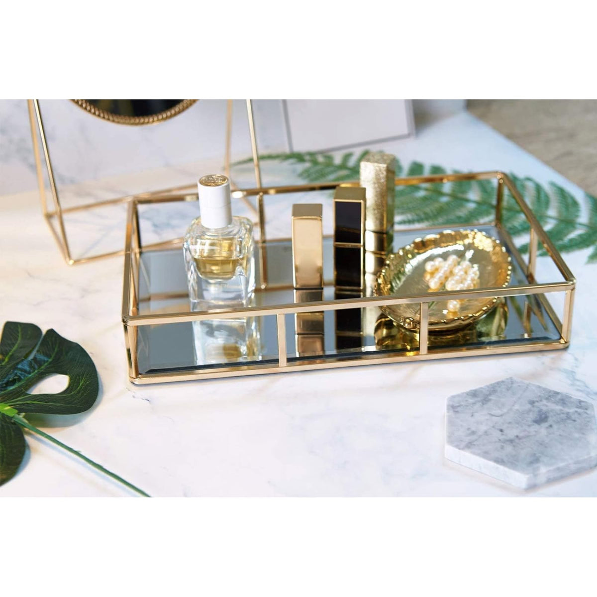 PuTwo Tray Mirror with mirrored bottom for tidy cosmetics display.