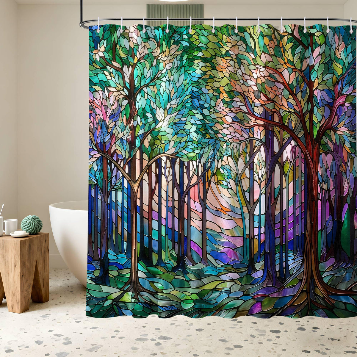 Puuiui colorful stained-glass forest scene curtain enhances nature-inspired bathroom ambiance.